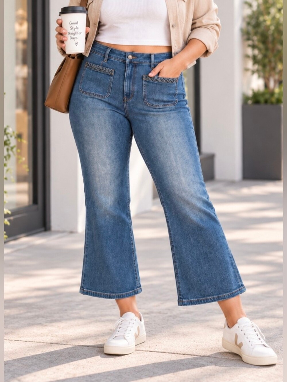 LOFT The Kick Crop Jeans Women’s 32/14 Blue Denim Wide Leg Braided Pocket